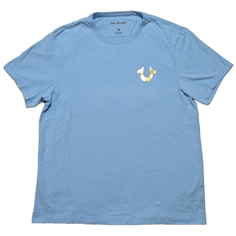 True Religion Gold Foil Buddha T-Shirt - Men XL Light Blue‎ Double-Sided